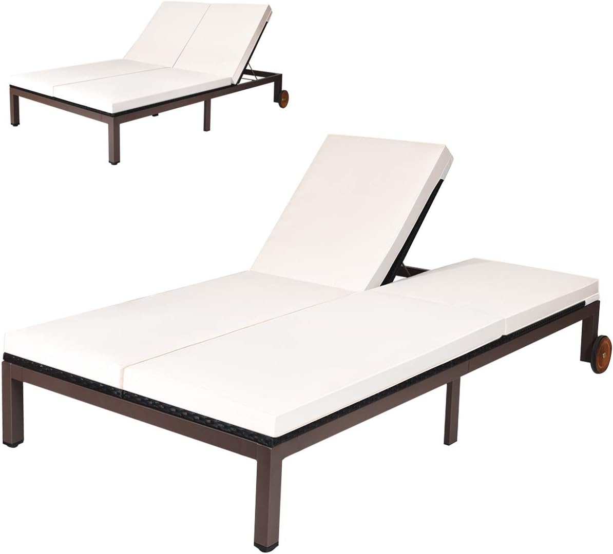 Tangkula 2-Person Patio Lounge Chair, Outdoor Rattan Double Wicker Daybed Chaise with Adjustable Backrest Wheels & Cushion, Loveseat Sofa for Garden Lawn Backyard (Cream)