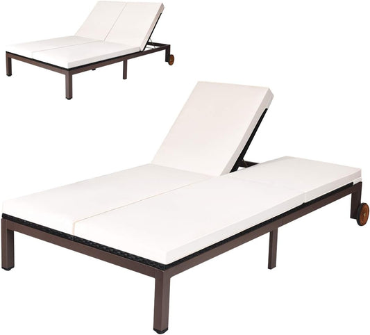 Tangkula 2-Person Patio Lounge Chair, Outdoor Rattan Double Wicker Daybed Chaise with Adjustable Backrest Wheels & Cushion, Loveseat Sofa for Garden Lawn Backyard (Cream)