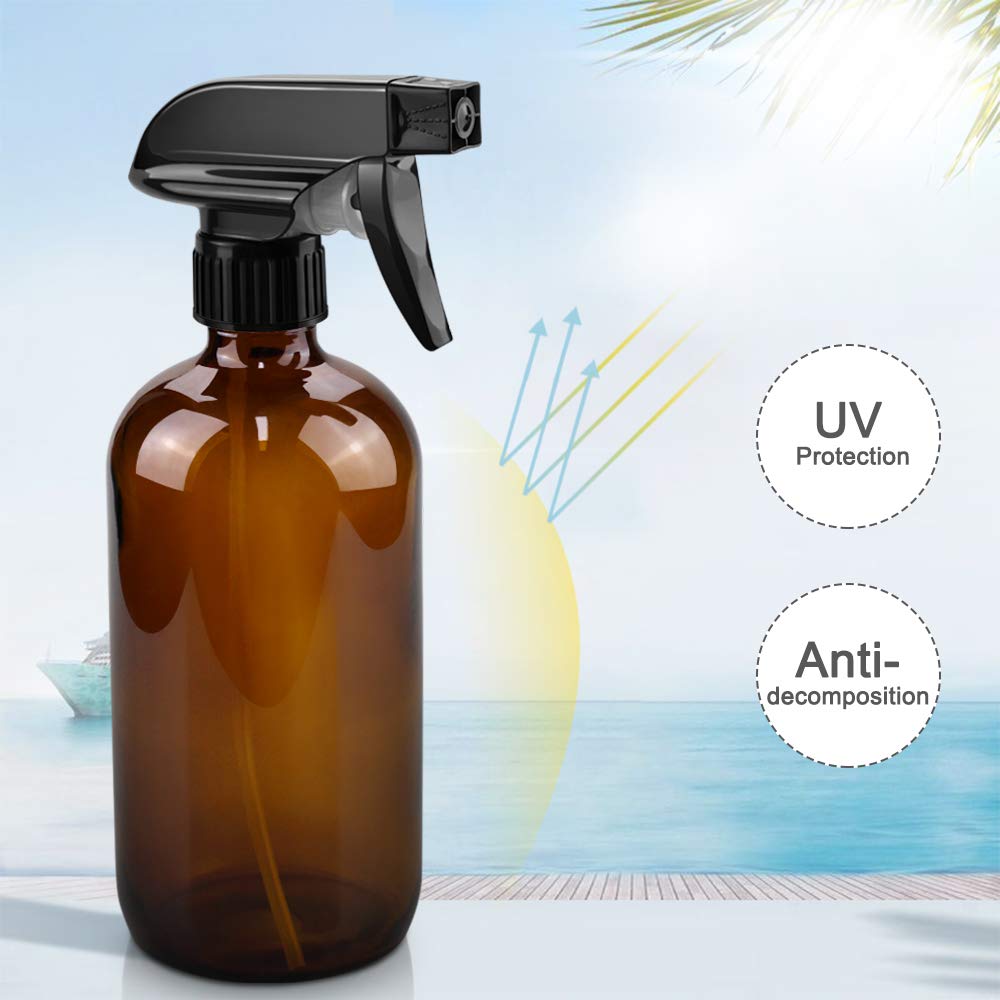Glass Spray Bottles, 16oz Amber Glass Spray Bottles with Labels & Adjustable Nozzle, Reusable Containers for Cleaning, BBQ, Food, Plants, Alcohol, Essential Oils(3 Pack)