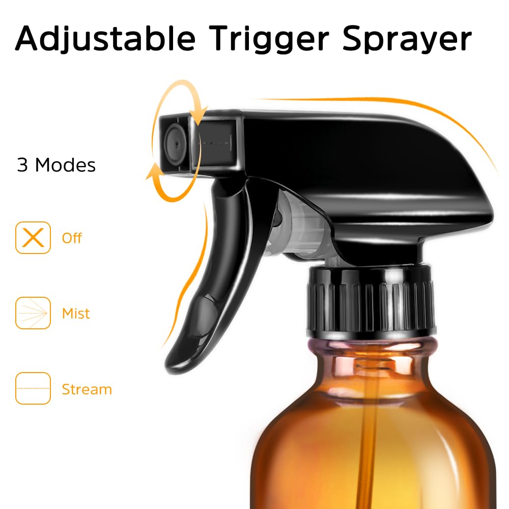 Tecohouse Glass Spray Bottles 4 OZ, Amber Empty Spray Bottle for Essential Oils, Small Glass Bottles for Cleaning Solutions, Plants, with Durable Nozzle, Labels, Funnel, Pipettes