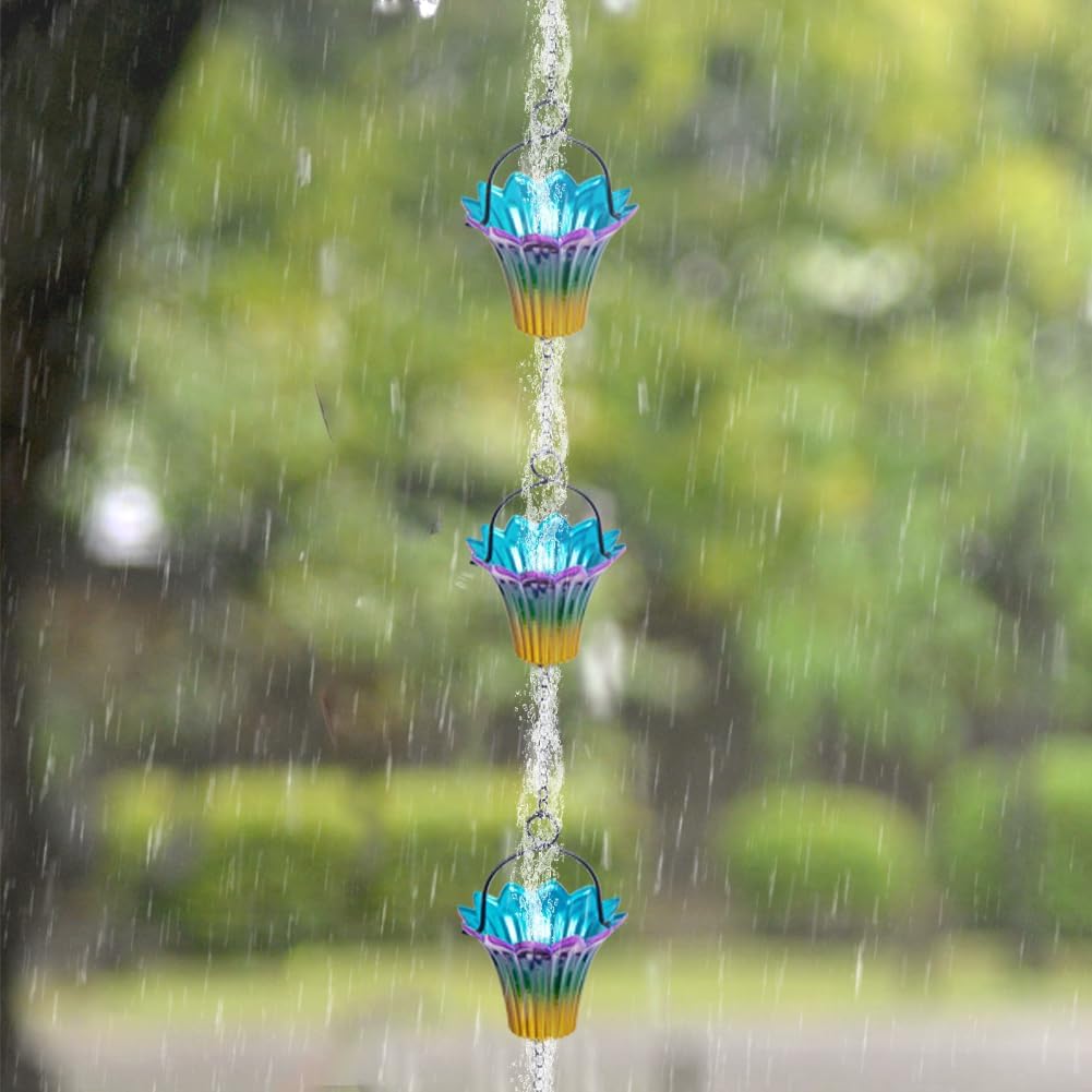 10FT Rain Chains for Outside, Rain Gutter Chain with 12 Lily Cups, Adjustable Rain Water Chain with Bell for Eaves Drainage, Replacement for Downspout