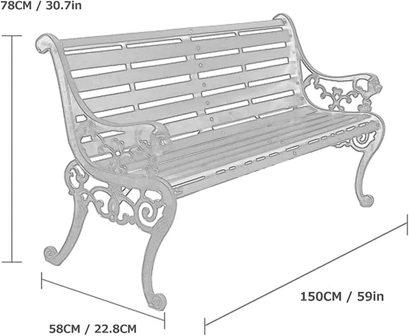 Outdoor Solid Wood Garden Park Bench for 2-3 People, Weatherproof Patio Lawn Bench Porch Seat with Cast Iron Frame, Porch/Deck/Patio Furniture Bench with Backrest and Armrests(Teak+Black Chair Legs,15