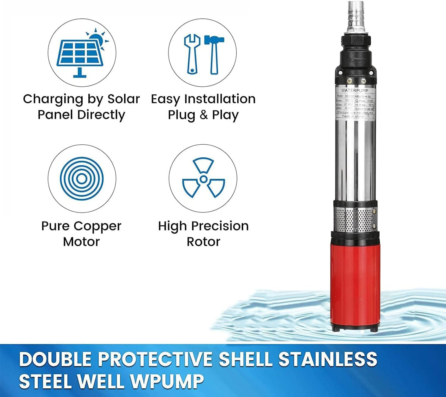 DC 48/60V Well Water Pump Submersible Pump 1 Inch Output Solar Fountain Pump 400 W Solar Power High Pressure Water Pump Stainless Steel High Pressure Deep Well Pump Used Agricultural Industry