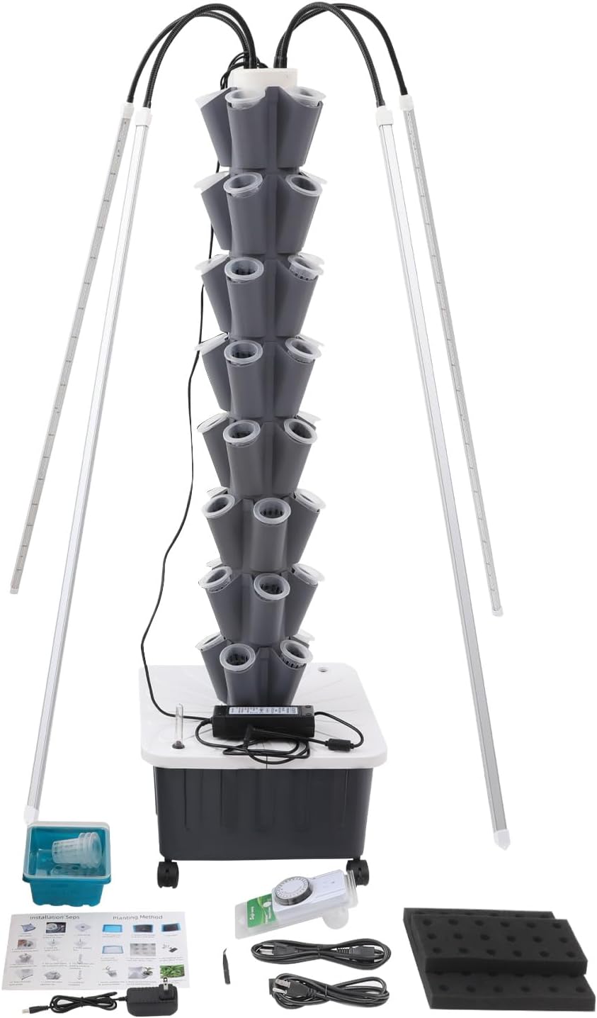Hydroponics Growing System with LED Grow Lights, 40-Plants Indoor Vertical Hydroponic Tower, Vertical Garden Planter with Wheels, Hydroponic Germination Kit for Fruits, Vegetables, Herbs