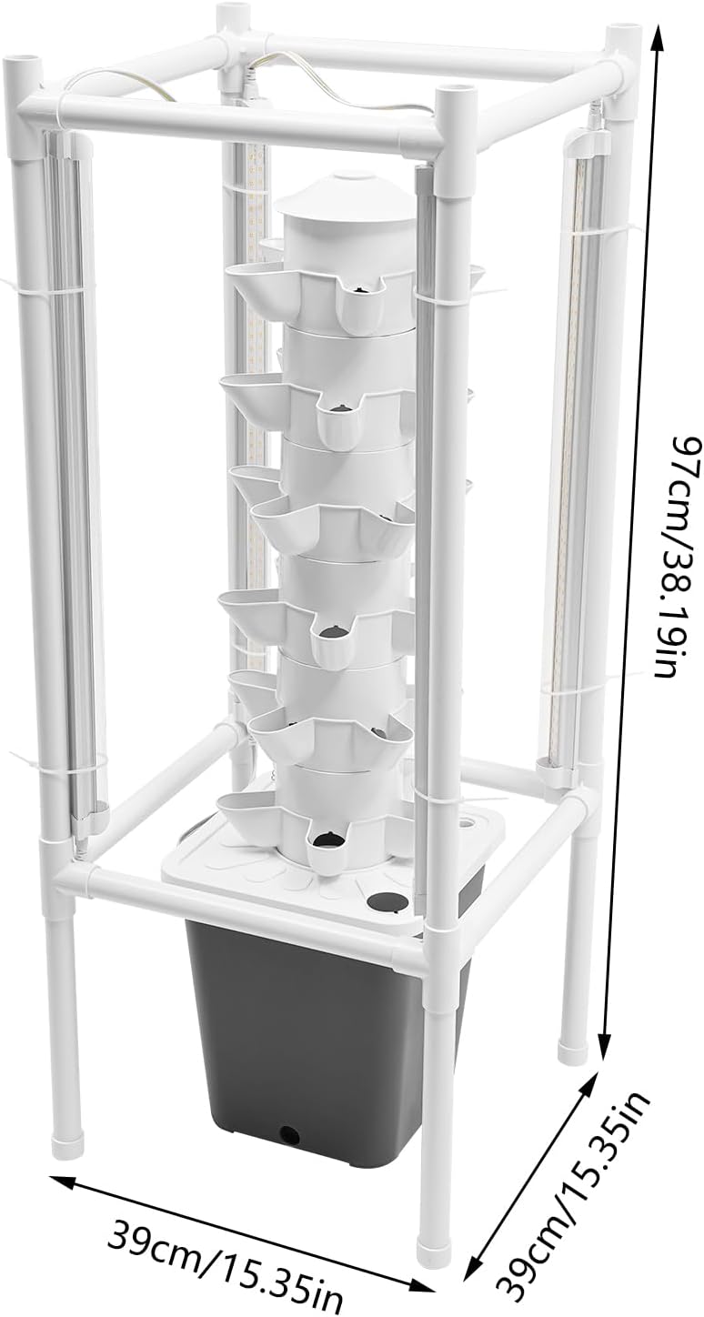 Hydroponics Tower Garden Vertical Growing System Kit, 30-Plant Indoor Gardening Planter Germination Kit with LED Grow Light & Water Pump for Herbs & Vegetables, 2.64Gal Grey Water Tank