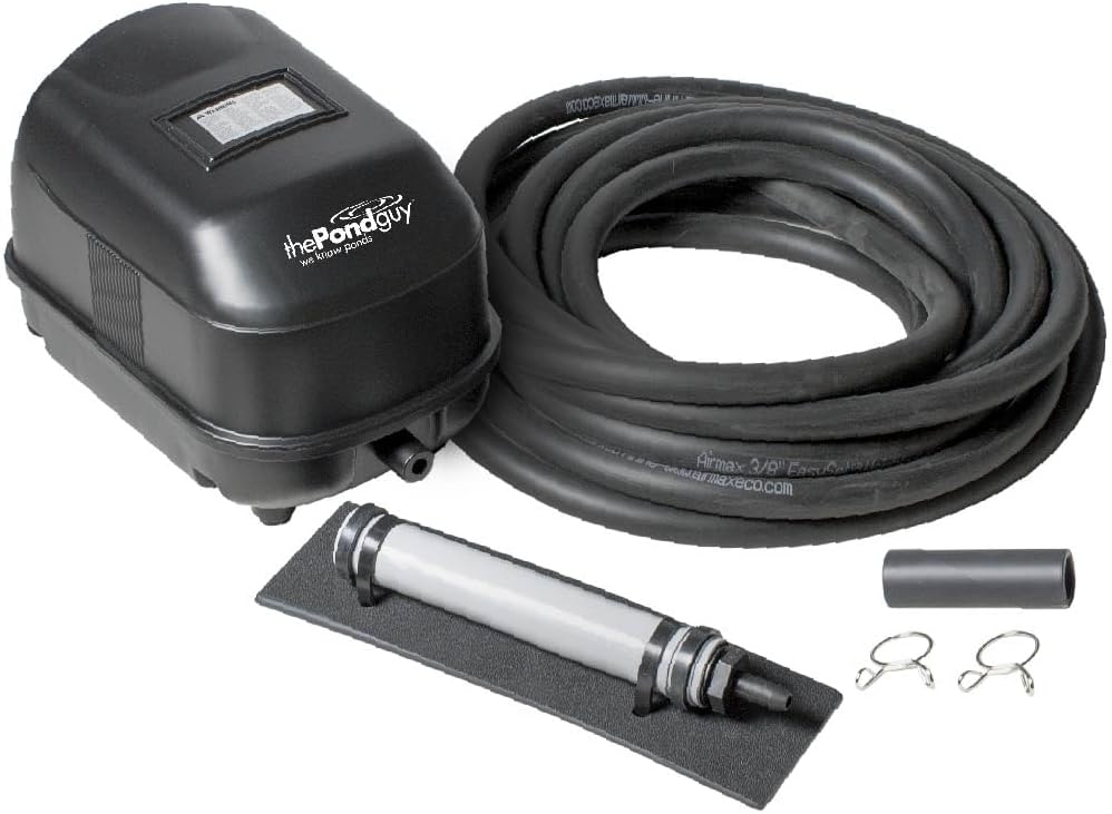The Pond Guy Pond Aerator 1, Complete Aeration Kit, Water Garden Oxygenation Bubbler System Adds Oxygen to Koi & Fish Ponds, Outdoor Diaphragm Compressor Pump, Air Line & 1 Submersible Diffuser Stick