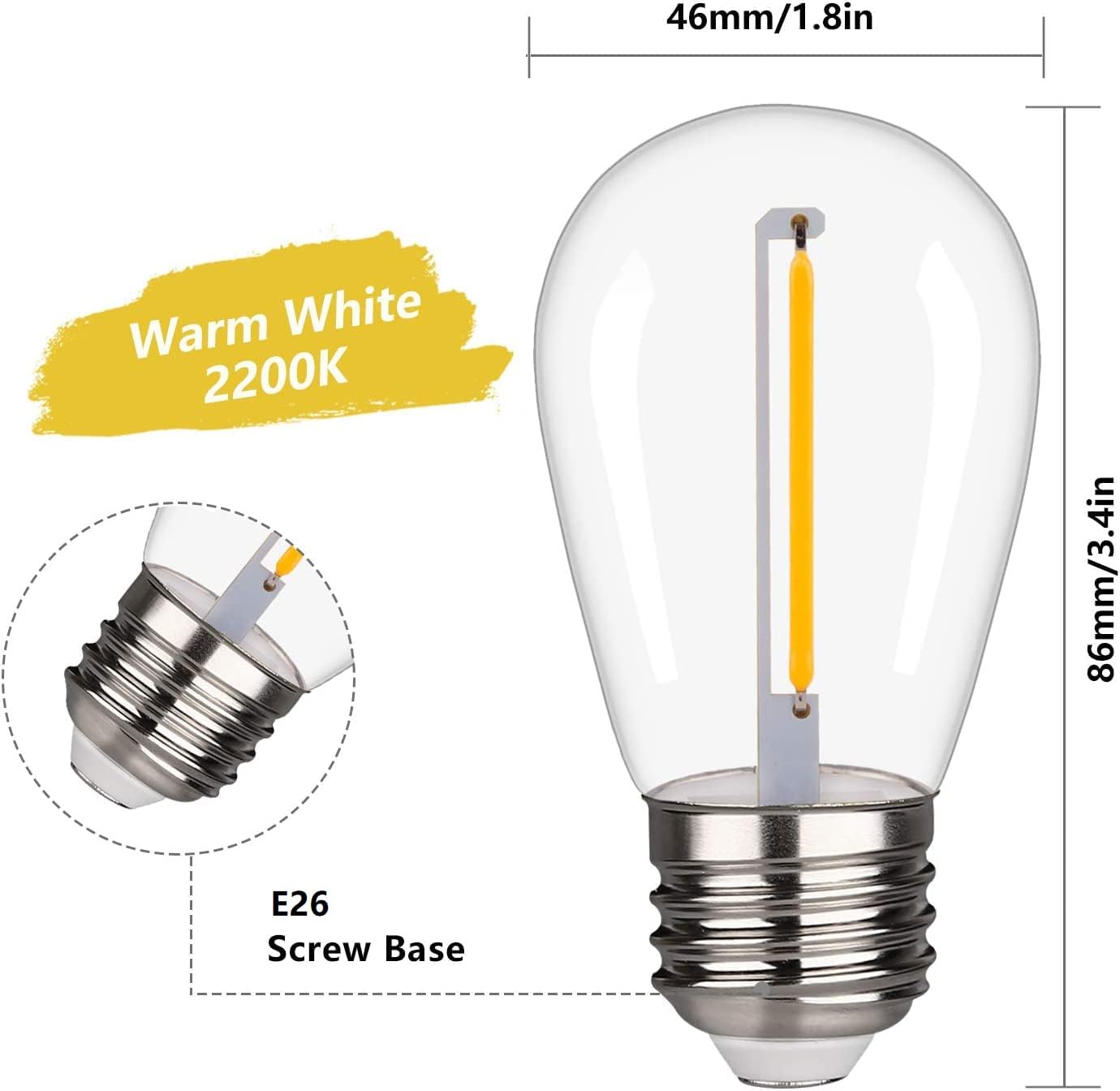 48 Pack S14 LED String Light Bulbs, 1W Shatterproof & Waterproof Outdoor Indoor Replacement Bulbs, E26 Base Edison LED Light Bulbs Warm White 2200K. (S14 48Pack)