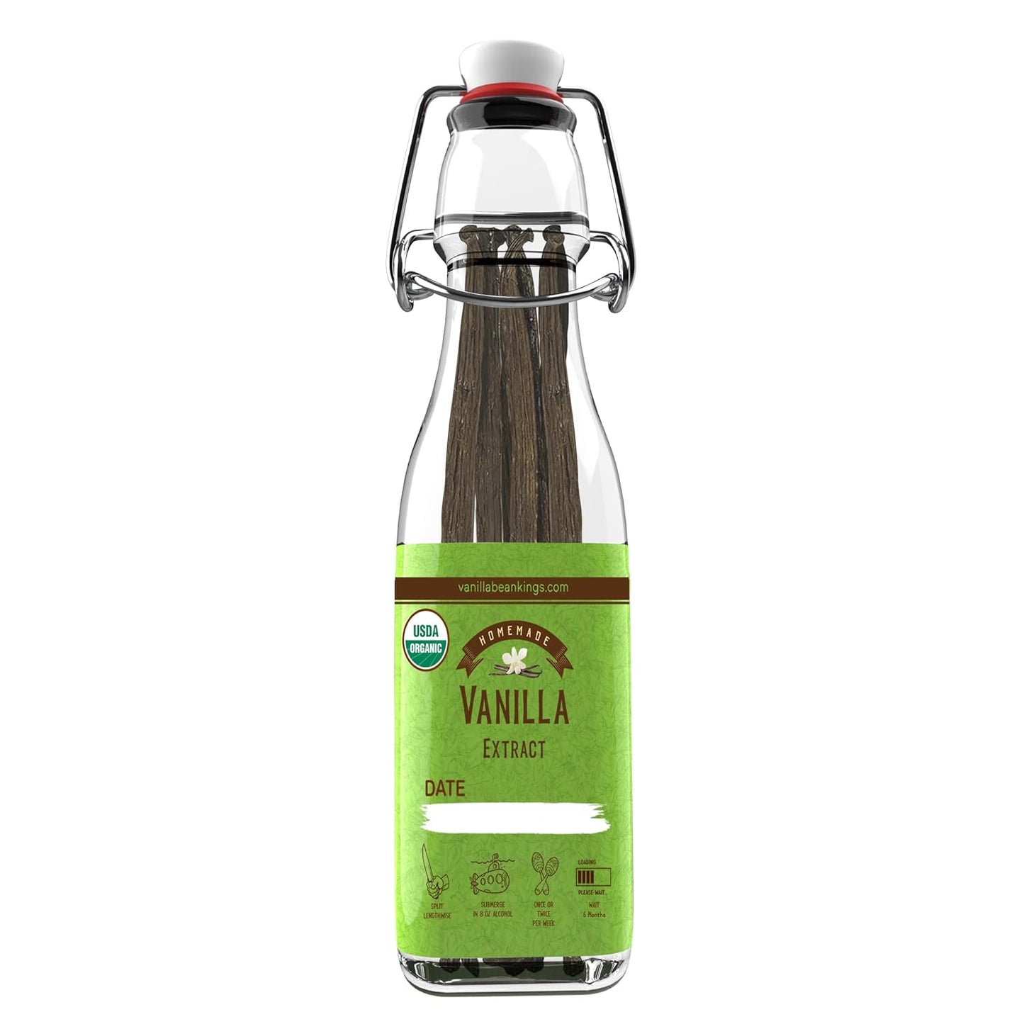 Homemade Vanilla Extract Kit | DIY | 1 Ounce of Premium Organic Madagascar Grade A Vanilla Beans 6-7 inches (Appoximately 8-10 Beans) with 8.5 oz Swing Top Glass Bottle