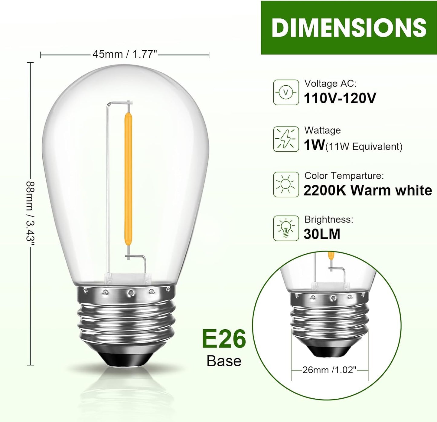 LED S14 Replacement Light Bulbs for Outdoor String Lights, 1W Shatterproof Edison Light Bulbs for Outside Patio Garden, E26 Standard Base, Dimmable, 2200K Warm White, 15 Pack