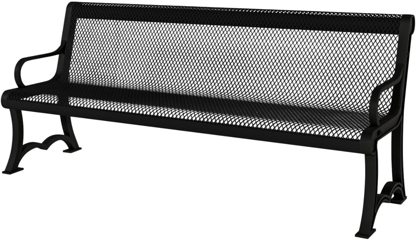 Heavy-Duty Outdoor Bench Thermoplastic Coated, Expanded Metal, Commercial-Grade Garden Bench, Made in America (Portable with Back, 4 Ft, Textured Black)