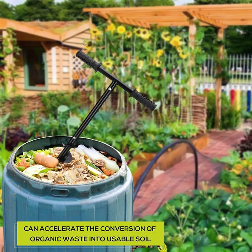 Compost Turning Tool Compost Stirring Tool,Compost Turning Bar 33.4inch,Manual Compost Aerator Tool Turner & Mixing Tool for Outdoor,Composting Accessories (Black-33.4IN)