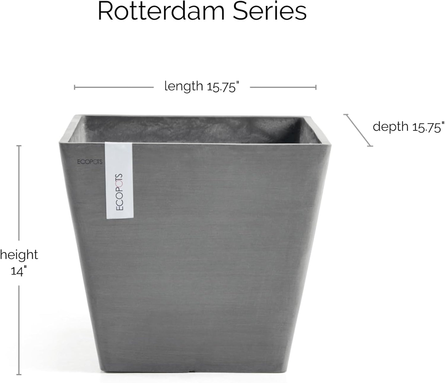 Ecopots Rotterdam Durable Modern Square Indoor/Outdoor Recycled-Based Composite Flower Planter, Grey, 15.75"