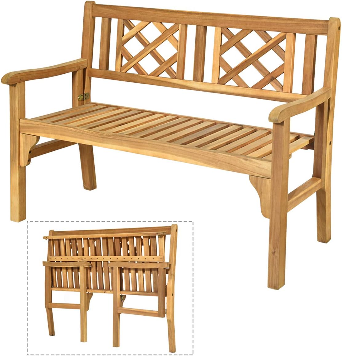 Giantex 4 Ft Foldable Outdoor Bench, Acacia Wood Outside Loveseat with Curved Backrest and Armrest, 705Lbs Weight Capacity, Garden Bench for Patio, Park, Porch, Balcony