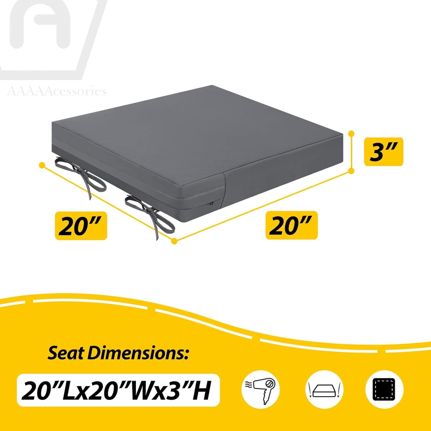 AAAAAcessories Outdoor Seat Cushions for Chairs, Waterproof, Fade-Resistant Patio Furniture Replacement Cushions, 20" x 20" x 3", Set of 2, Dark Gray