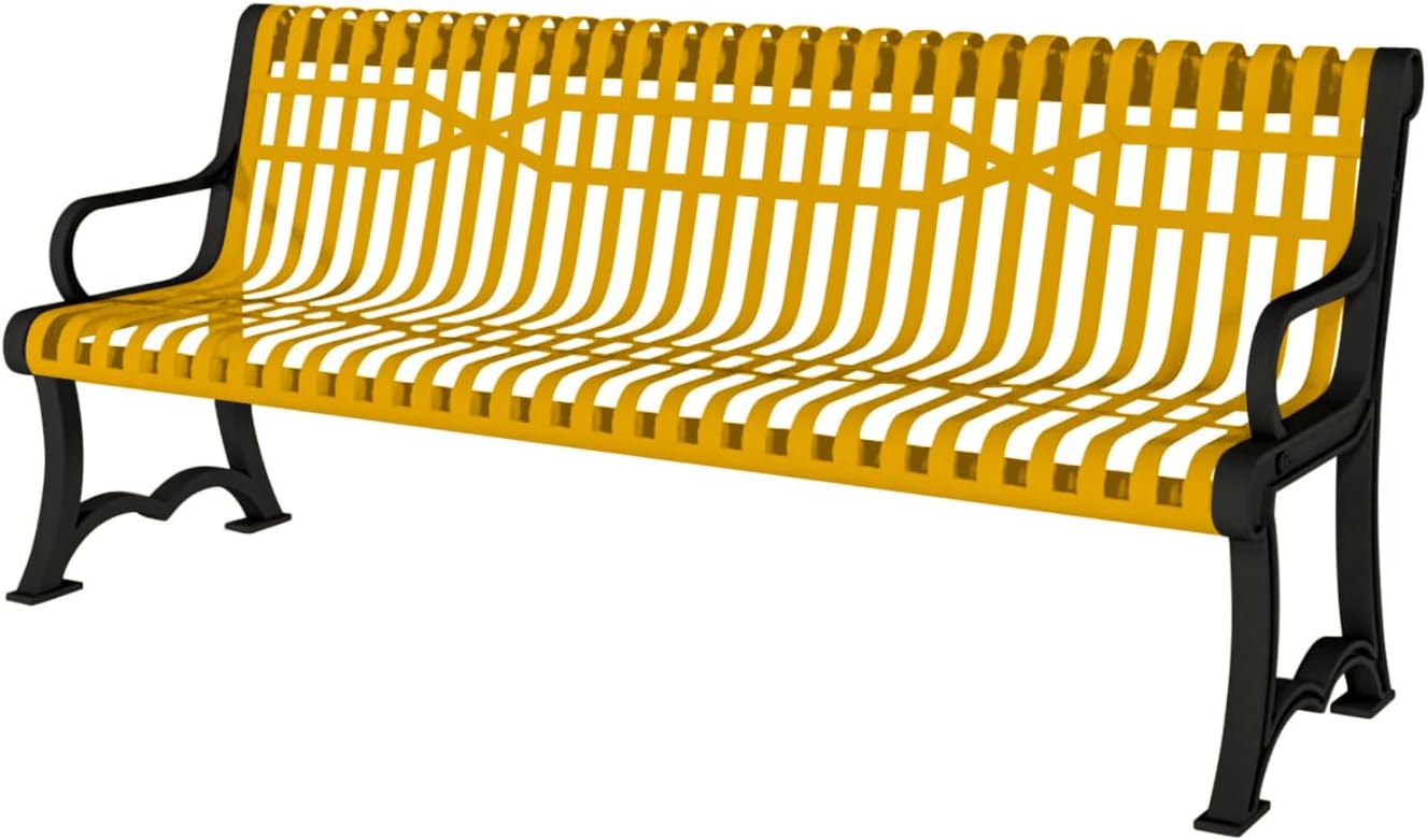 Coated Outdoor Furniture Heavy-Duty Outdoor Bench Thermoplastic Coated, Slatted Steel, Commercial-Grade Garden Bench, Made in America (Portable with Back, 4 Ft, Yellow)