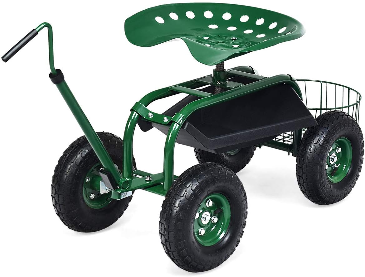 Goplus Rolling Garden Seat with Wheels, Outdoor Gardening Scooter with 360° Swivel Seat, Tool Tray & Basket, Adjustable Steering Handle for Lawn, Gardening Stool, Garden Cart for Planting