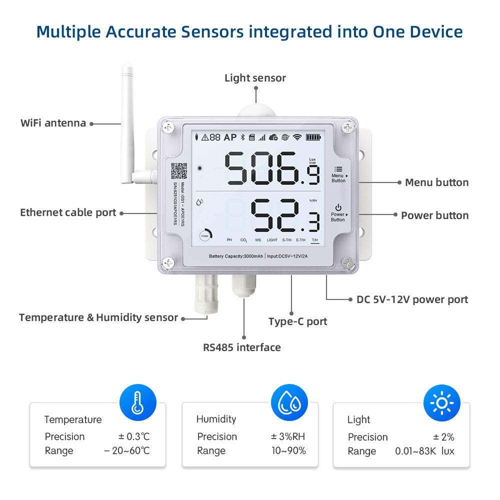 UbiBot GS1-AETH1RS + Soil Temperature Moisture Probe Ethernet Thermometer Hygrometer, WiFi Temperature Humidity Sensor, Digital Temperature Data Logger, Free App Email Alert
