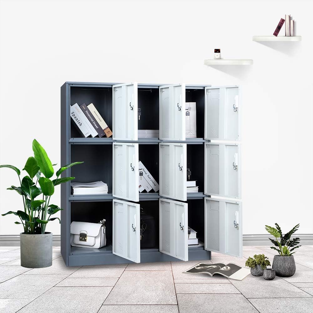 9 Door Metal Storage Locker Cabinet for Office, Home, Gym, School, Steel Cabinet to Storage File, Toys, Shoes and Sports Equipment, Locker Organizer for Gym Office Bedroom (9 Door, Grey)