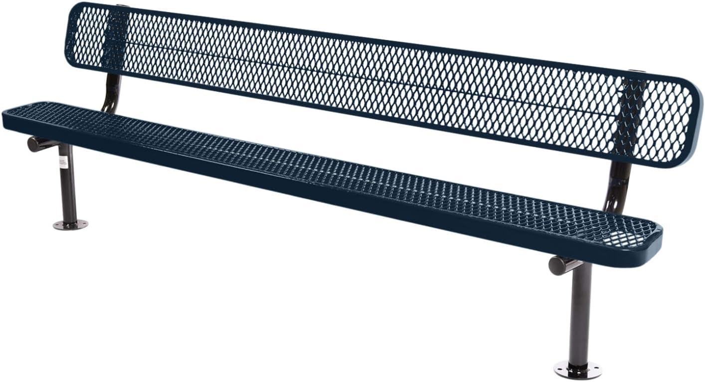 Coated Outdoor Furniture Heavy-Duty Outdoor Bench Thermoplastic Coated, Expanded Metal, Commercial-Grade Seating, Made in America (Surface with Back, 8 Ft, Dark Blue)