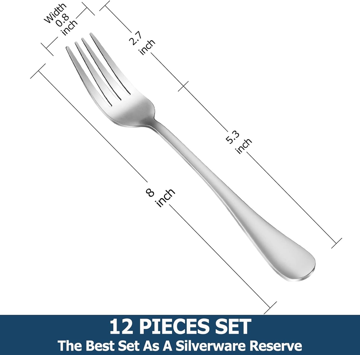 12 Piece Dinner Forks Set, Food-Grade Stainless Steel Silverware Forks, Cutlery Fork, Metal Fork for Home, Kitchen or Restaurant, Mirror Polished, Dishwasher Safe - 8 Inch