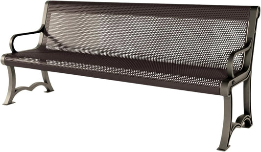 Coated Outdoor Furniture Heavy-Duty Outdoor Bench Thermoplastic Coated, Punched Steel, Commercial-Grade Garden Bench, Made in America (Portable with Back, 6 Ft, Brown)