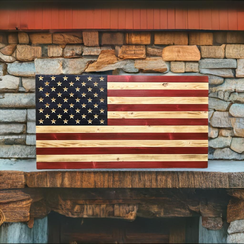 Rustic Wooden American Flag, Patriotic Wall Art (Weather Protected Finish, 30.5x57.5)