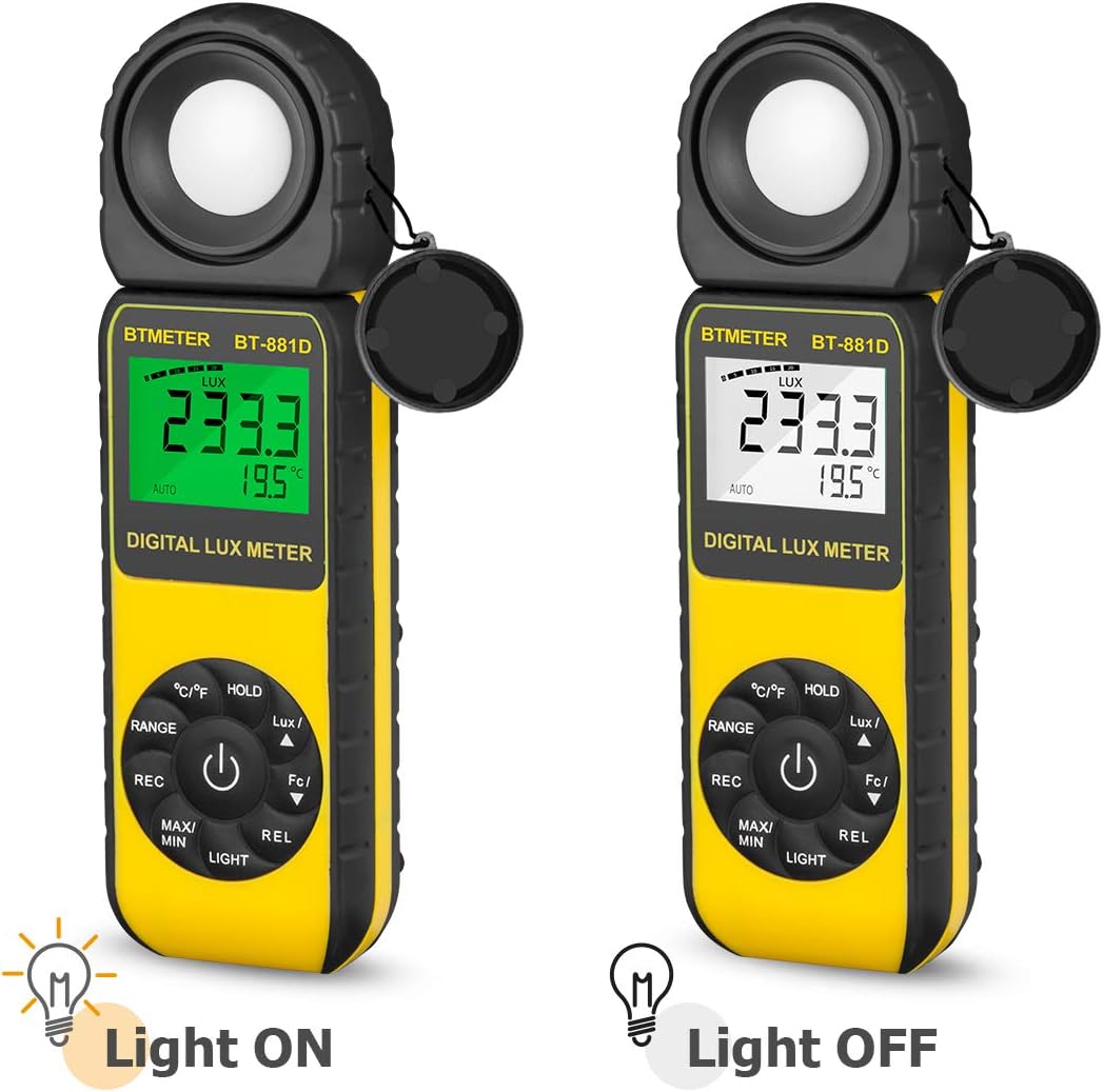 BTMETER BT-881D Digital Illuminance Light Meter, Measure Lights 0.01~400,000 Lux (0.01~40,000 FC) Foot Candles Luxmeter with 270º Rotated Sensor for Plants LED Lights Indoor Outdoor Light Tester