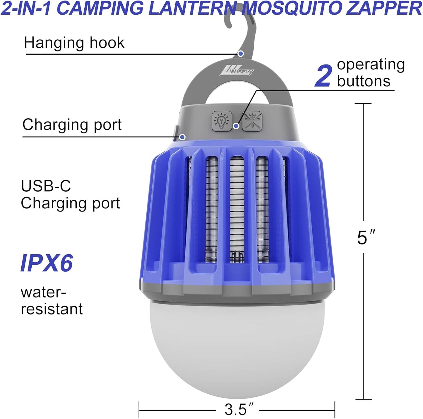 Wisely Bug Zapper Outdoor/Indoor Electric, USB-C Rechargeable Mosquito Killer Lantern Lamp, Portable Insect Electronic Zapper Indoor, with LED Light, 3-Pack