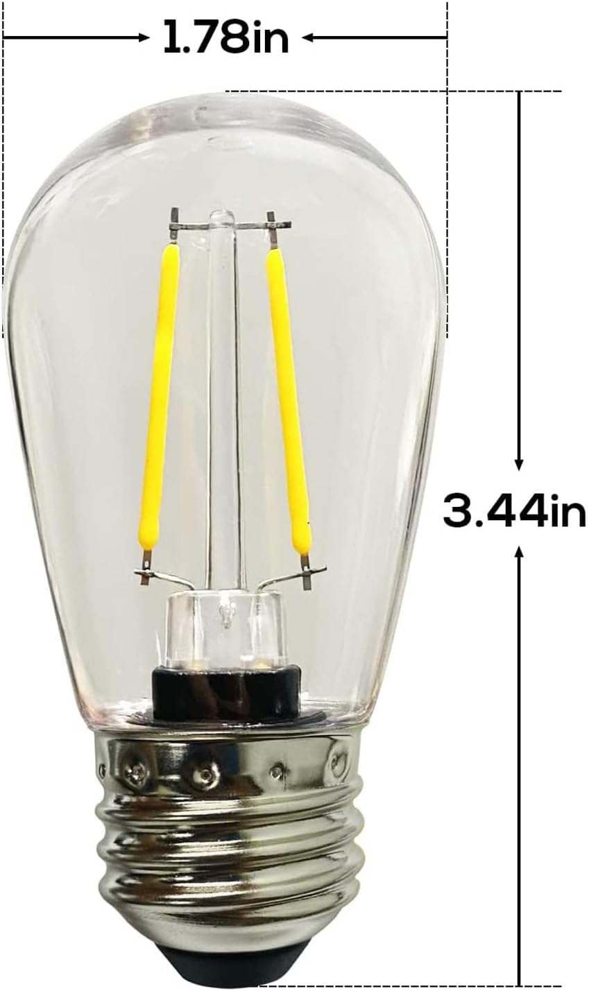 Banord 50 Pack Dimmable 2W S14 Replacement LED Bulbs, 2700K Warm White Waterproof Outdoor String Lights, Vintage Filament, Shatterproof E26 Screw Base Edison Light Bulbs