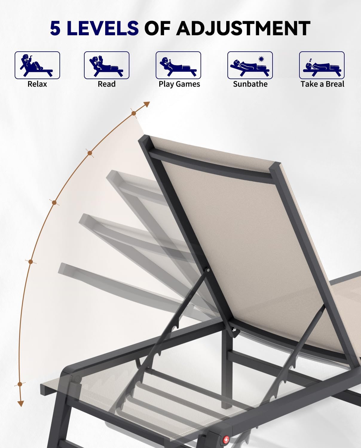Chaise Lounge Chair Outdoor Aluminum Patio Lounge Chair with 5 Adjustable Positions Folding Pool Lounge Chairs Assemble-Free Beach Lounge Chair for Patio, Pool, Indoor and Outdoor Flaxen