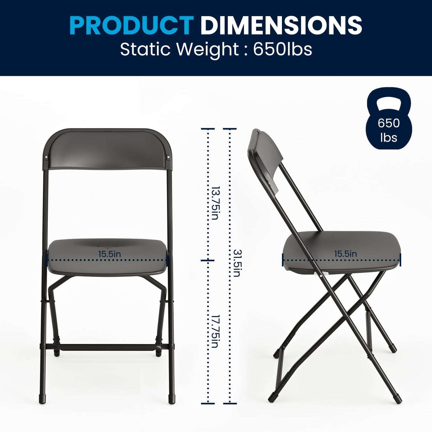 Flash Furniture Hercules Series Plastic Folding Chairs for Parties and Weddings, Stackable Commercial Event Seats with 650-lb. Static Weight Capacity, Set of 4, Black