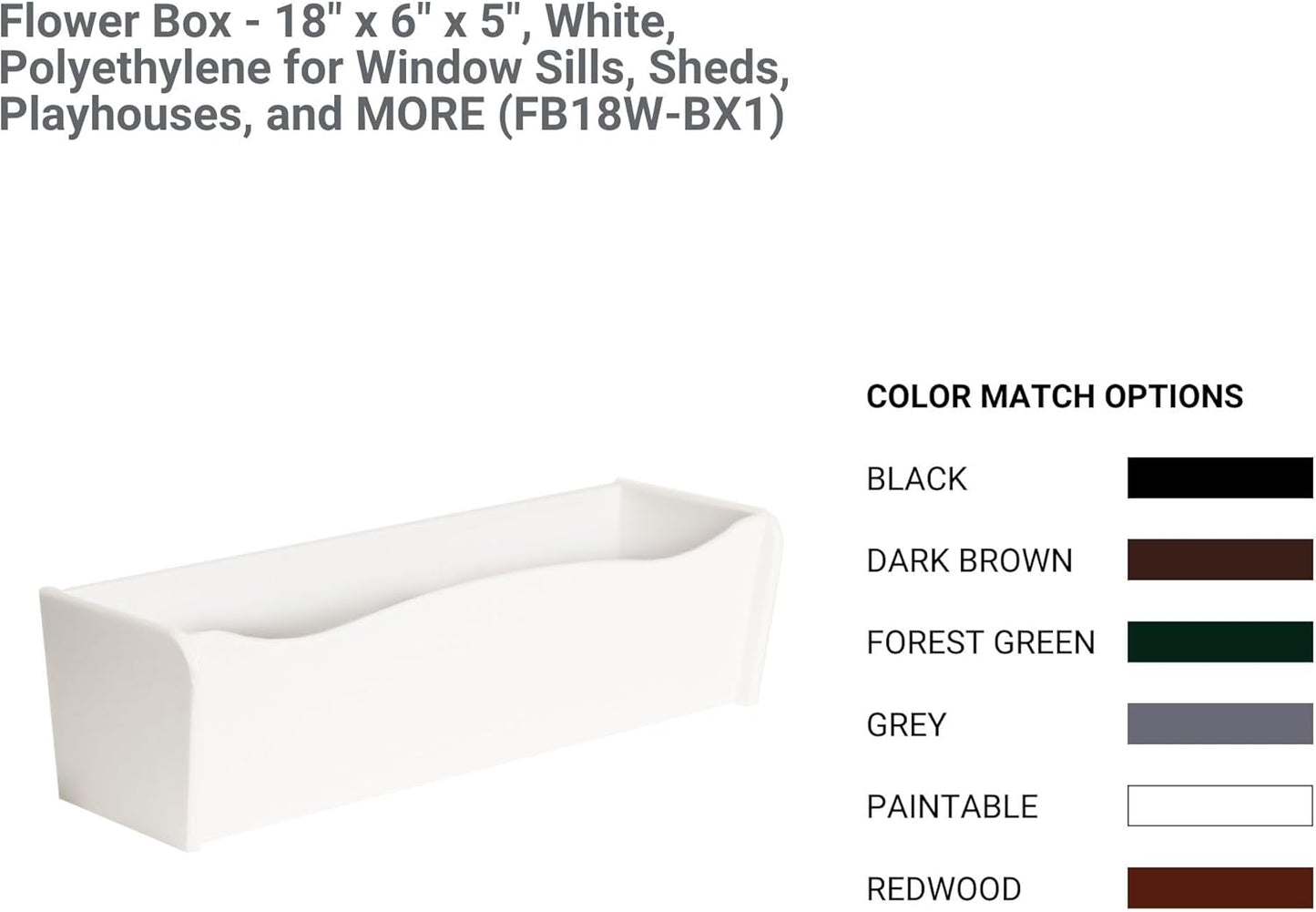 Flower Box 18" x 6" x 5" Gray Polyethlene for Window Sills, Sheds, and Playhouses, 1 PK (FB18GY-BX1)