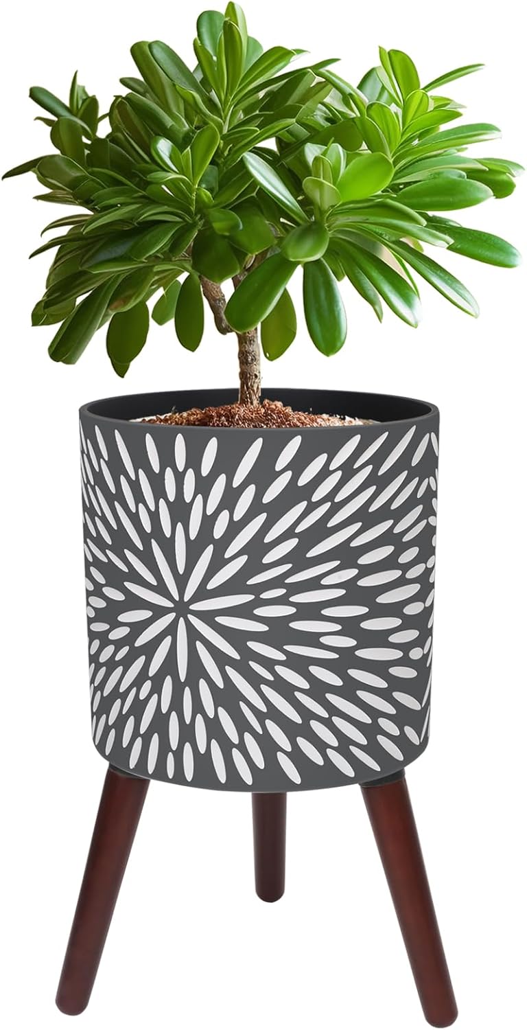 12 Inches Plant Pot with Stand, Large Modern Standing Planters for Indoor Plants with Drainage Holes, Gray Flower Pots with Legs