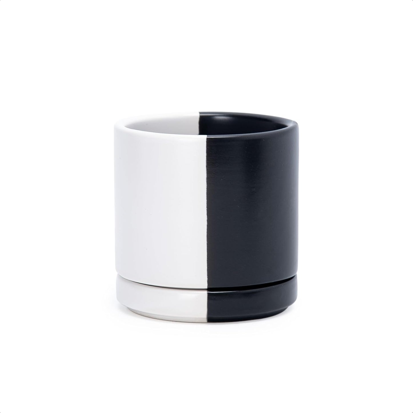 D'vine Dev 3.5 Inch Ceramic Planter Pot with Drainage Hole and Saucer, Indoor Cylinder Round Planter Pot, Split Monochrome Black & White, 94-O-A-0