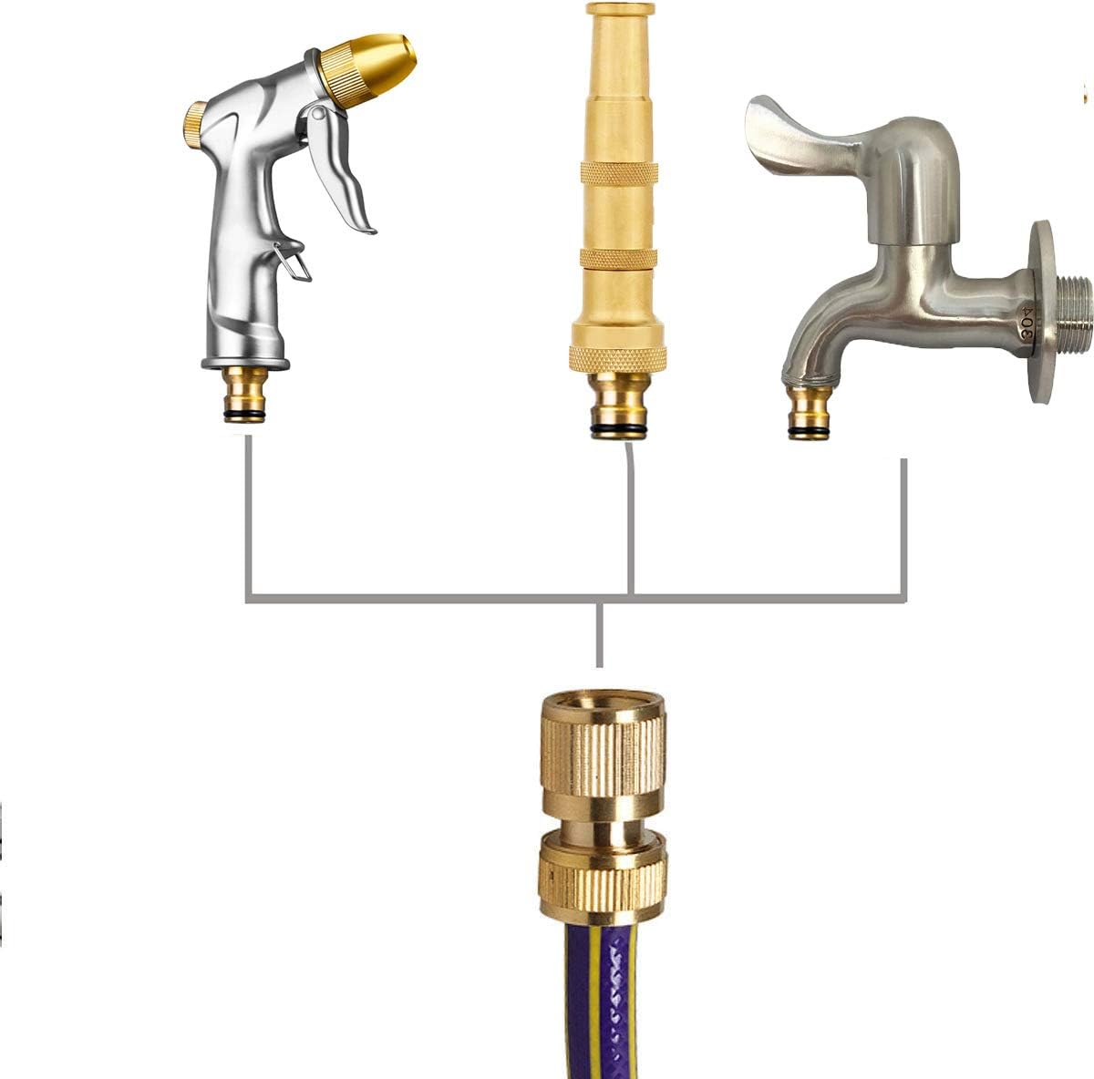 Garden Hose Quick Connectors, Solid Brass 3/4 inch GHT Thread Easy Connect Fittings No-Leak Water Hose Male Female Value Pack (3)