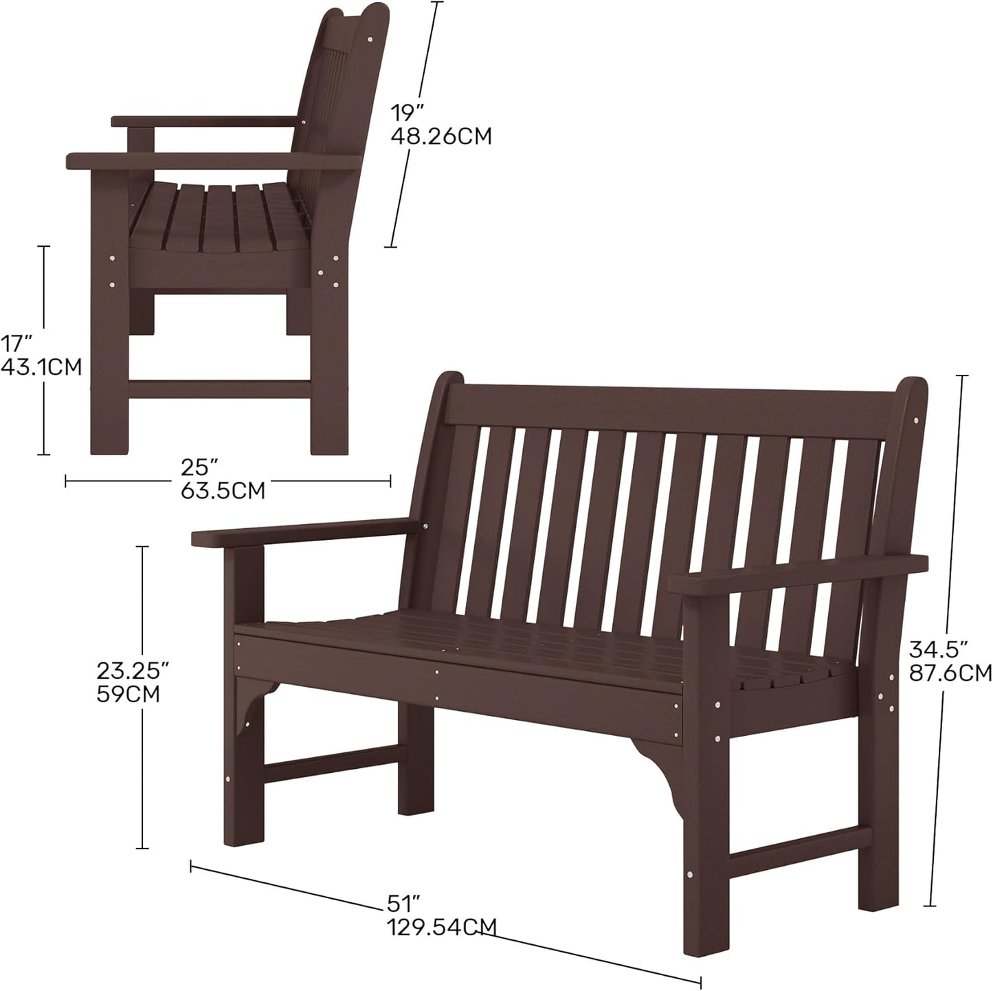 Garden Bench, Farmhouse Park Front Porch for Entryway Bench Outdoor Seating Low Bench Patio Bench Outside/Indoor, Dark Brown