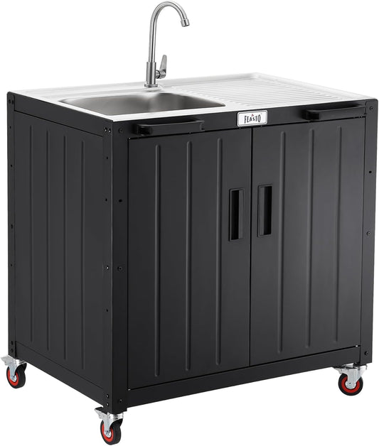 Freestanding Grill Cart with Sink and Cabinet, Movable Outdoor Cart Table with 304 Stainless Steel Sink, Outdoor Grill Cart,Outdoor Grill Station with Wheels, L35.4” x W24”