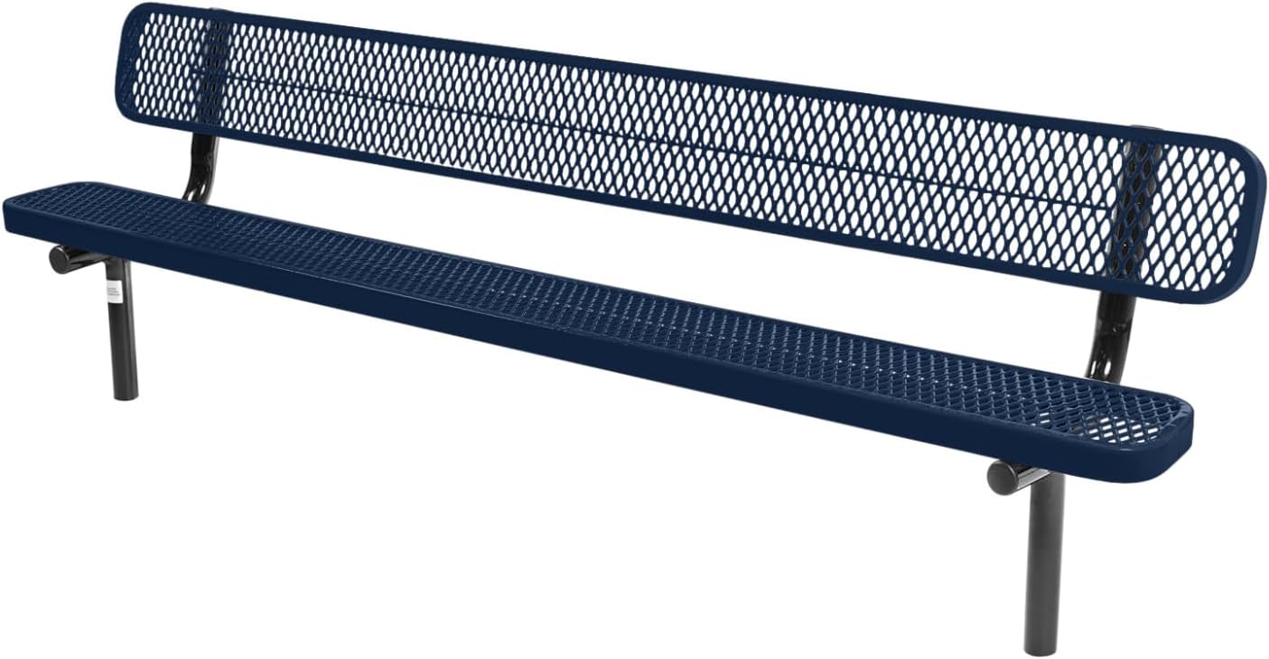 Coated Outdoor Furniture Heavy-Duty Outdoor Bench Thermoplastic Coated, Expanded Metal, Commercial-Grade Seating, Made in America (Inground with Back, 8 Ft, Textured Dark Blue)