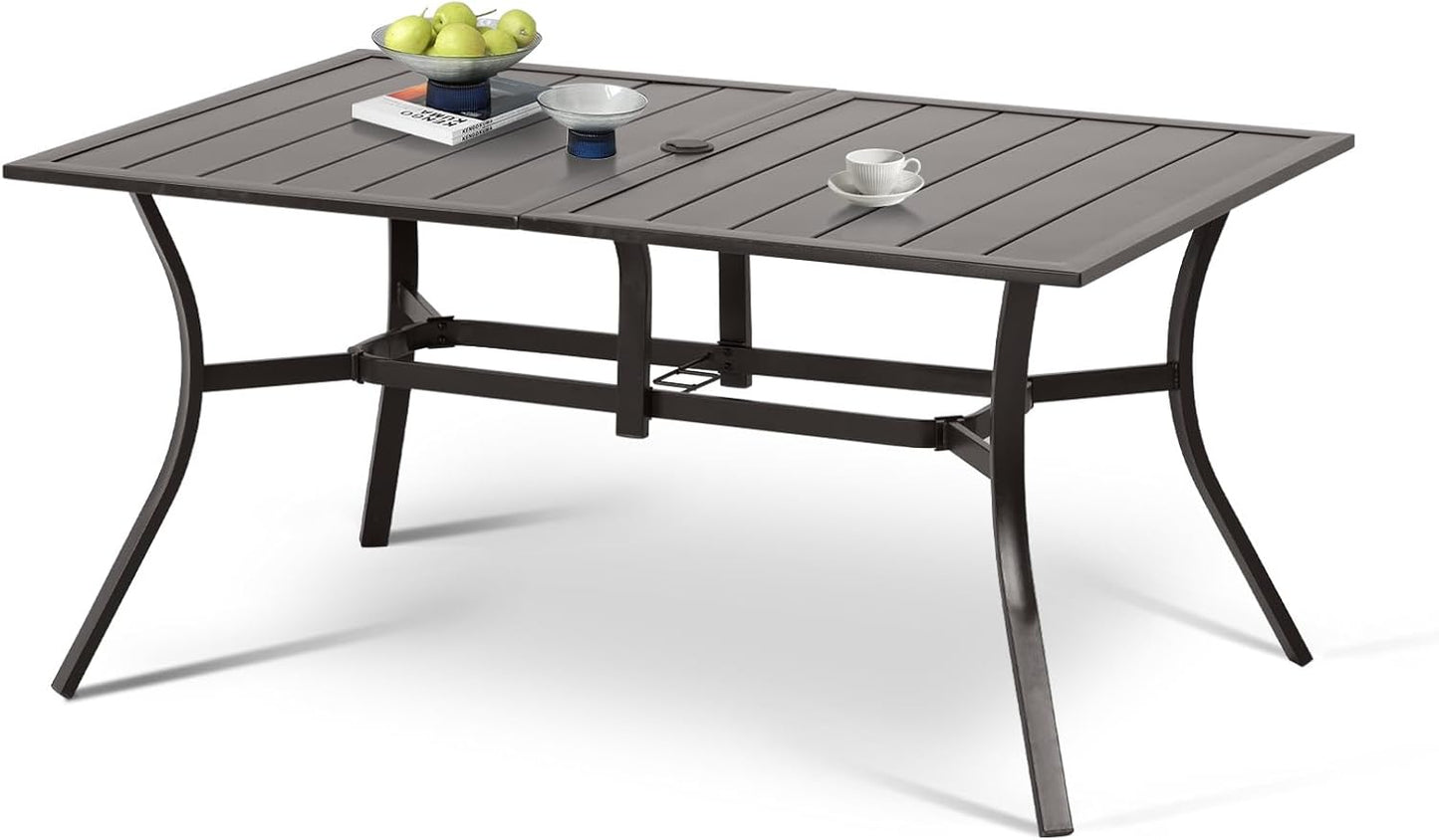 Aoodor Patio Dining Table for 6 People, 59" L x 38" W Rectangular Metal Outdoor Dining Table with Adjustable Umbrella Hole for Garden, Poolside, Backyard