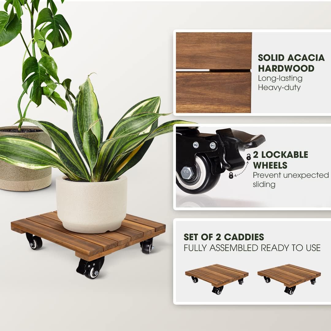 Idzo 2-Pack 12 Inch Acacia Wood Rolling Square Plant Caddy for Plant Pots, Heavy Duty Plant Stand with 360° Lockable Wheels, 264 lbs Capacity Caddy for Indoor and Outdoor Use, Natural Wood