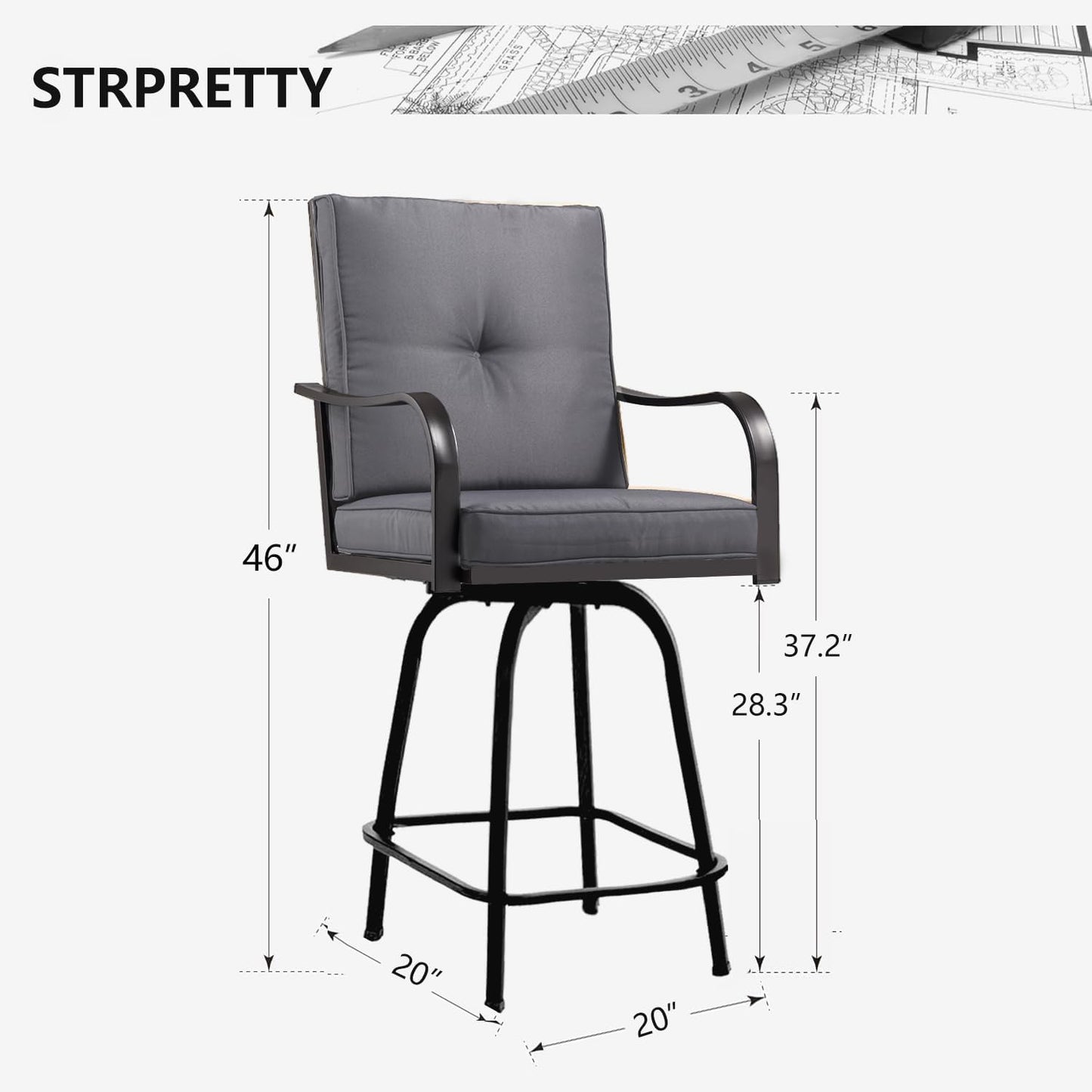 Patio Swivel Bar Stools Set of 4, Outdoor Bar Height Patio Swivel Chairs with Cushion for Garden Balcony Backyard (Grey)
