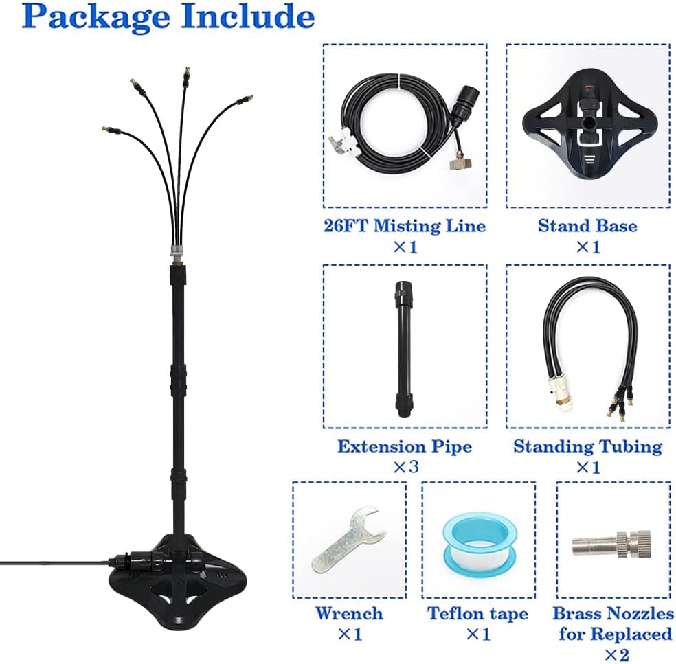 UR Forest Updated Standing Misting Cooling System 26FT Misting Line + 4 Brass Misting Nozzles,4 Height Option, Stand Mister Hose for Outside Outdoor Patio, Pet Cooling, Kids Water Playing