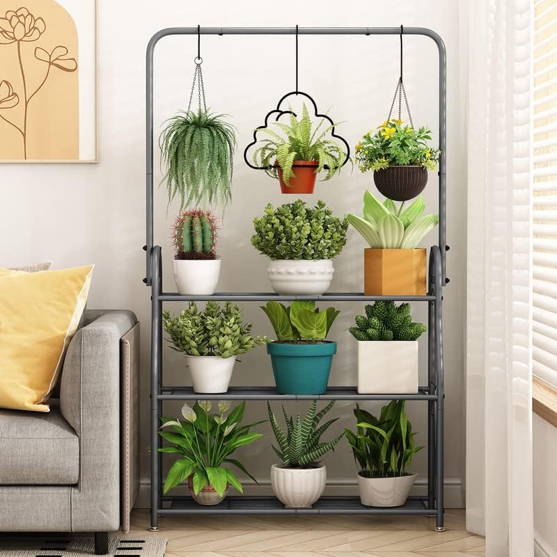 SORCEDAS Plant Stand Indoor Outdoor 3 Tier Tall Corner Hanging Plant Shelf Metal Flower Stands Ladder Plant Holder for Living Room Balcony Garden Patio Multiple Plants, Dark Grey