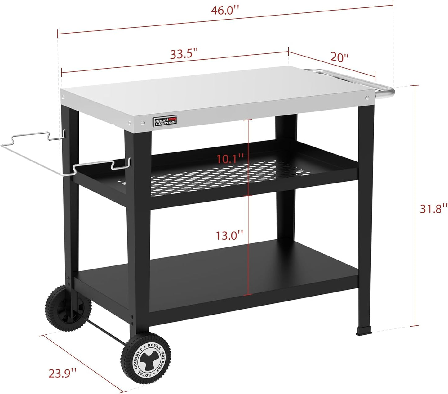 Royal Gourmet PC3404S Rolling Dining Table with Trash Bag Holder, Outdoor Garden Patio BBQ Kitchen Food Prep Table Cart, 34"L x 20"W Stainless Steel Tabletop, Silver & Black