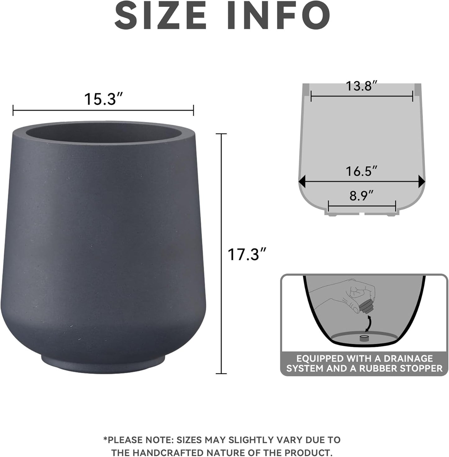 Kante 15.3" Dia Round Concrete Planter, Outdoor Indoor Large Plant Pots Containers with Drainage Hole and Rubber Plug for Home Garden Patio, Charcoal