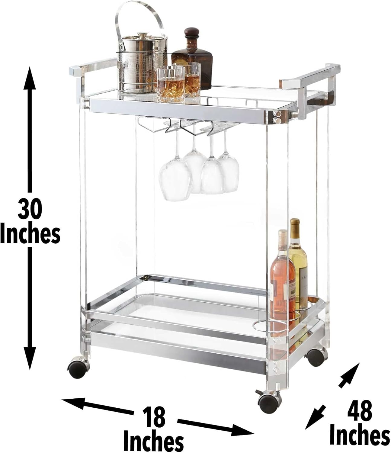 Steve Silver Furniture Aerin Kitchen Server Cart, Silver bar Cart, Tempered Glass, Two Display Shelves, 4 Casters, 3 Ring Wire Wine Bottle Holder, Dining Room, Bar, 28" L x 17" W x 35" H, Silver