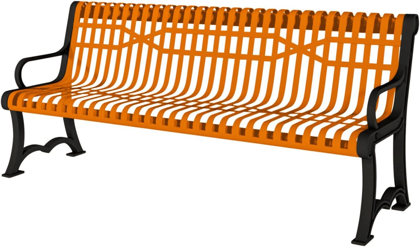 Heavy-Duty Outdoor Bench Thermoplastic Coated, Slatted Steel, Commercial-Grade Garden Bench, Made in America (Portable with Back, 4 Ft, Textured Orange)