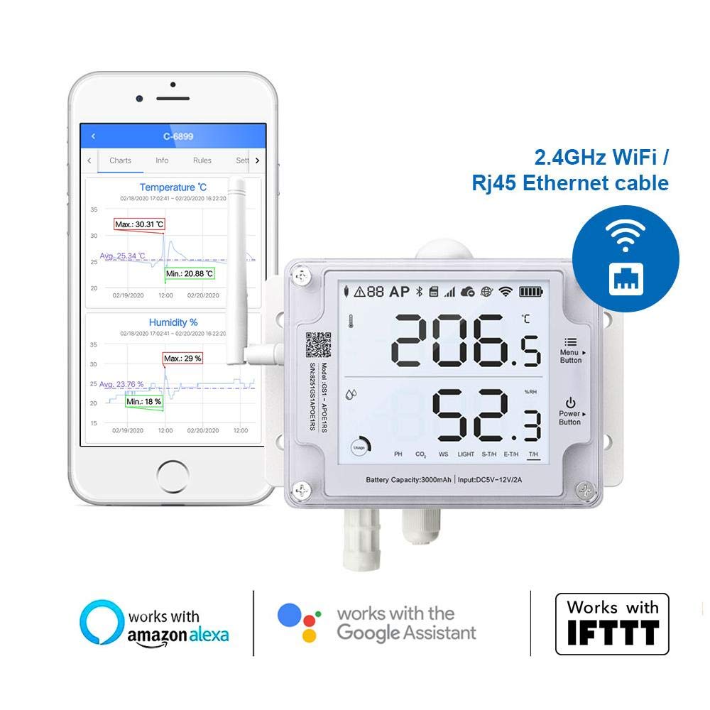Ubibot GS1-AETH1RS + TH30S-B Ethernet Thermometer Hygrometer, WiFi Temperature Humidity Sensor, Digital Temperature Data Logger, Free App Email Alert(2.4GHz WiFi & RJ45 Ethernet, no hub Required)