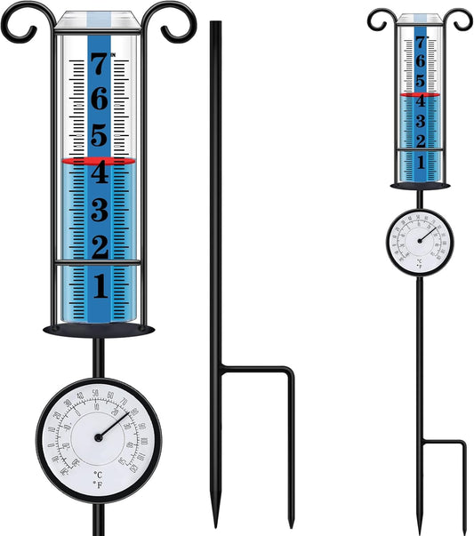 JMBay Rain Gauge Outdoor with Thermometer, Rain Gauges Outdoors Best Rated, Large Font Rain Measure Gauge for Yard, Rain Water Meter with Thickened Plastic Tube and Duralbe Metal Stake for Patio,Lawn