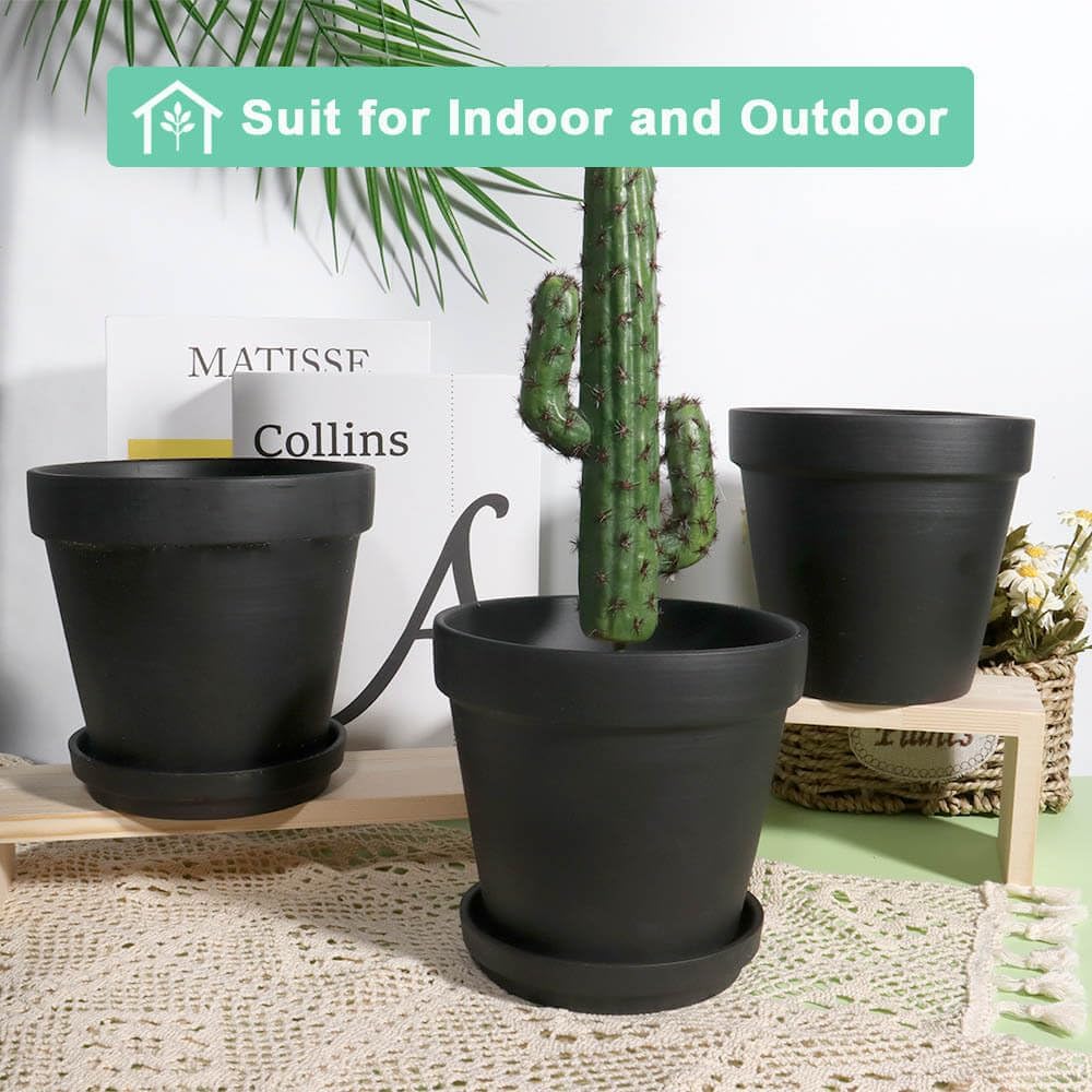 vensovo 6 Inch Black Terracotta & Clay Pots for Plant with Saucer - 4 Pack Medium Terra Cotta Planter with Drainage Hole, Flowerpot for Indoor Outdoor Plants, Crafts, Wedding Favor